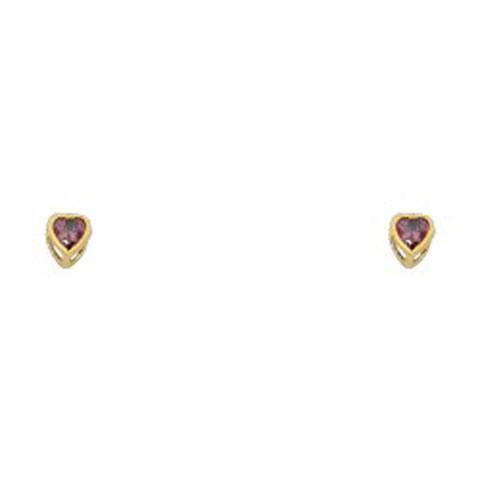 14k Yellow Gold 3mm Heart Light Amethyst CZ June Birth Stone Stud Earrings With Screw Back