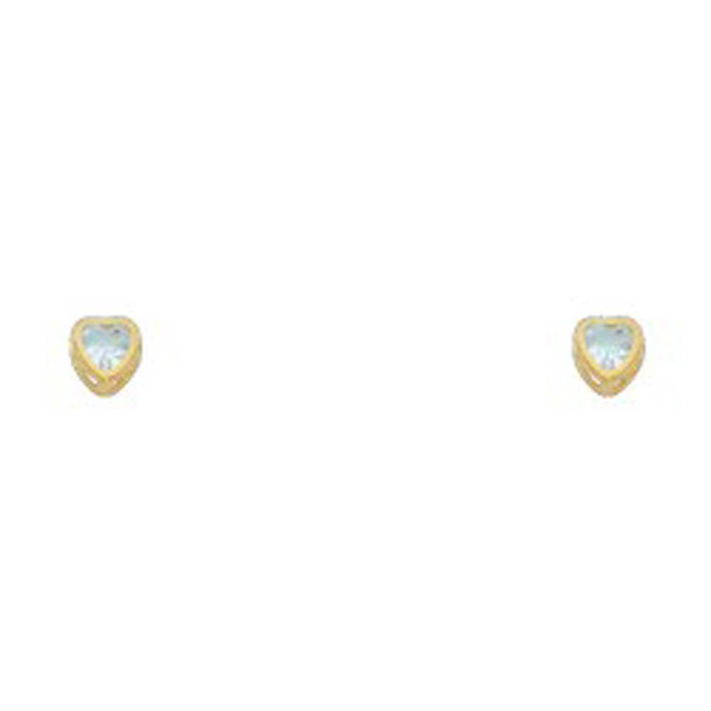 14k Yellow Gold 3mm Heart Aquamarine CZ March Birth Stone Stud Earrings With Screw Back