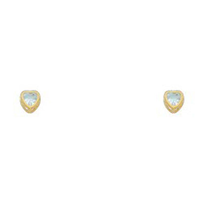 14k Yellow Gold 3mm Heart Aquamarine CZ March Birth Stone Stud Earrings With Screw Back