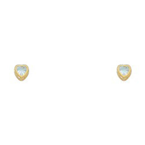 14k Yellow Gold 3mm Heart Aquamarine CZ March Birth Stone Stud Earrings With Screw Back