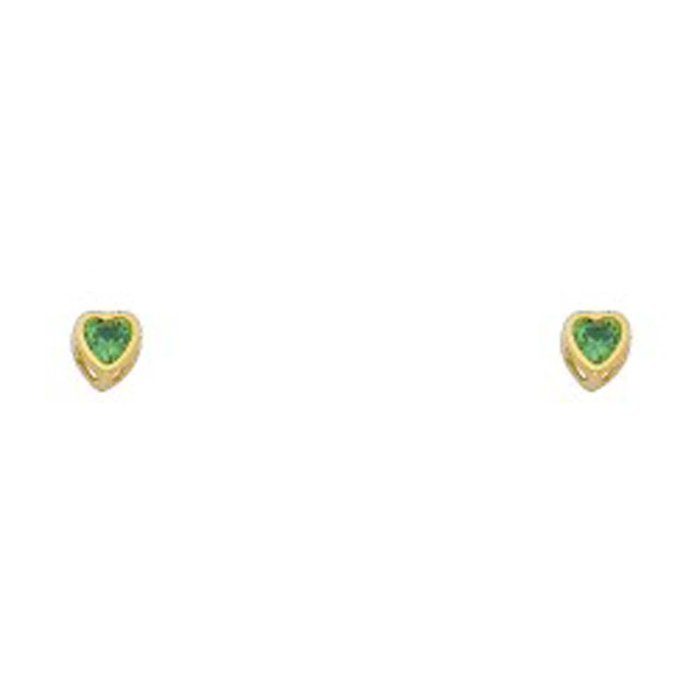 14k Yellow Gold 3mm Heart Emerald CZ May Birth Stone Stud Earrings With Screw Back