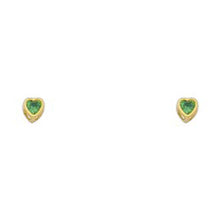 Load image into Gallery viewer, 14k Yellow Gold 3mm Heart Emerald CZ May Birth Stone Stud Earrings With Screw Back