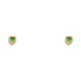 14k Yellow Gold 3mm Heart Emerald CZ May Birth Stone Stud Earrings With Screw Back