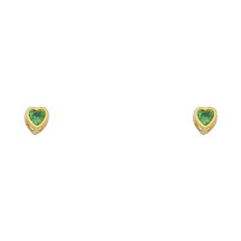14k Yellow Gold 3mm Heart Emerald CZ May Birth Stone Stud Earrings With Screw Back