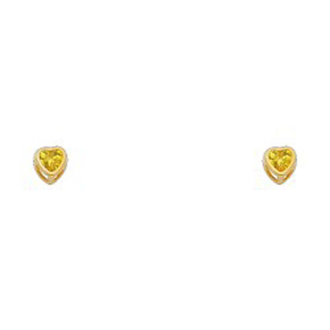 14k Yellow Gold 3mm Heart Topaz CZ November Birth Stone Stud Earrings With Screw Back