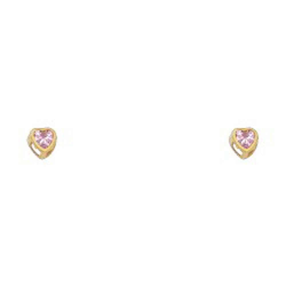 14k Yellow Gold 3mm Heart Pink CZ October Birth Stone Stud Earrings With Screw Back