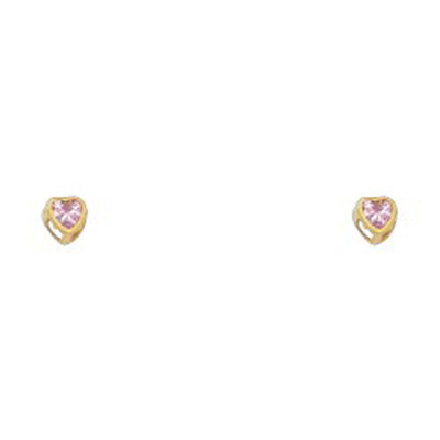 14k Yellow Gold 3mm Heart Pink CZ October Birth Stone Stud Earrings With Screw Back