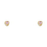 14k Yellow Gold 3mm Heart Pink CZ October Birth Stone Stud Earrings With Screw Back