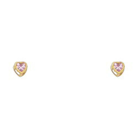 14k Yellow Gold 3mm Heart Pink CZ October Birth Stone Stud Earrings With Screw Back