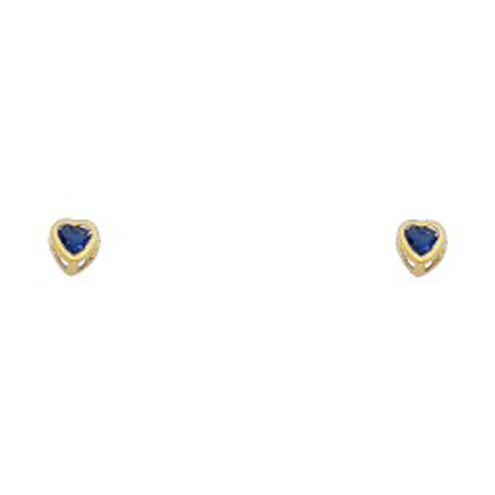 14k Yellow Gold 3mm Heart Blue Sapphire CZ September Birth Stone Stud Earrings With Screw Back
