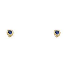 Load image into Gallery viewer, 14k Yellow Gold 3mm Heart Blue Sapphire CZ September Birth Stone Stud Earrings With Screw Back