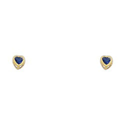 14k Yellow Gold 3mm Heart Blue Sapphire CZ September Birth Stone Stud Earrings With Screw Back