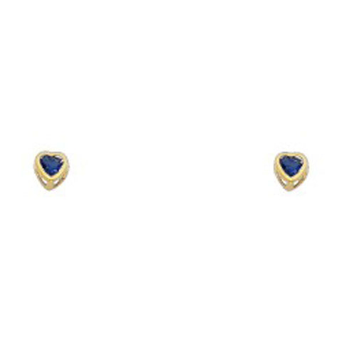 14k Yellow Gold 3mm Heart Blue Sapphire CZ September Birth Stone Stud Earrings With Screw Back