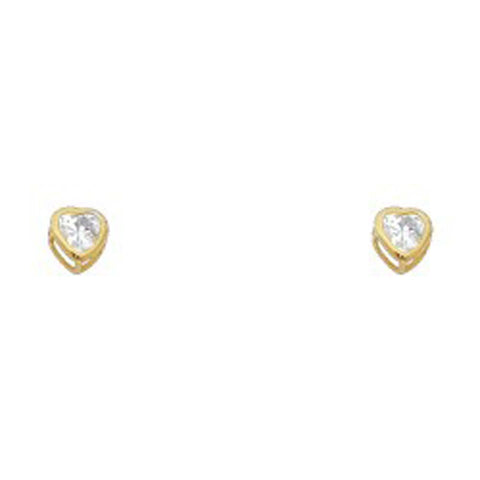 14k Yellow Gold 4mm Heart Clear CZ April Birth Stone Stud Earrings With Screw Back