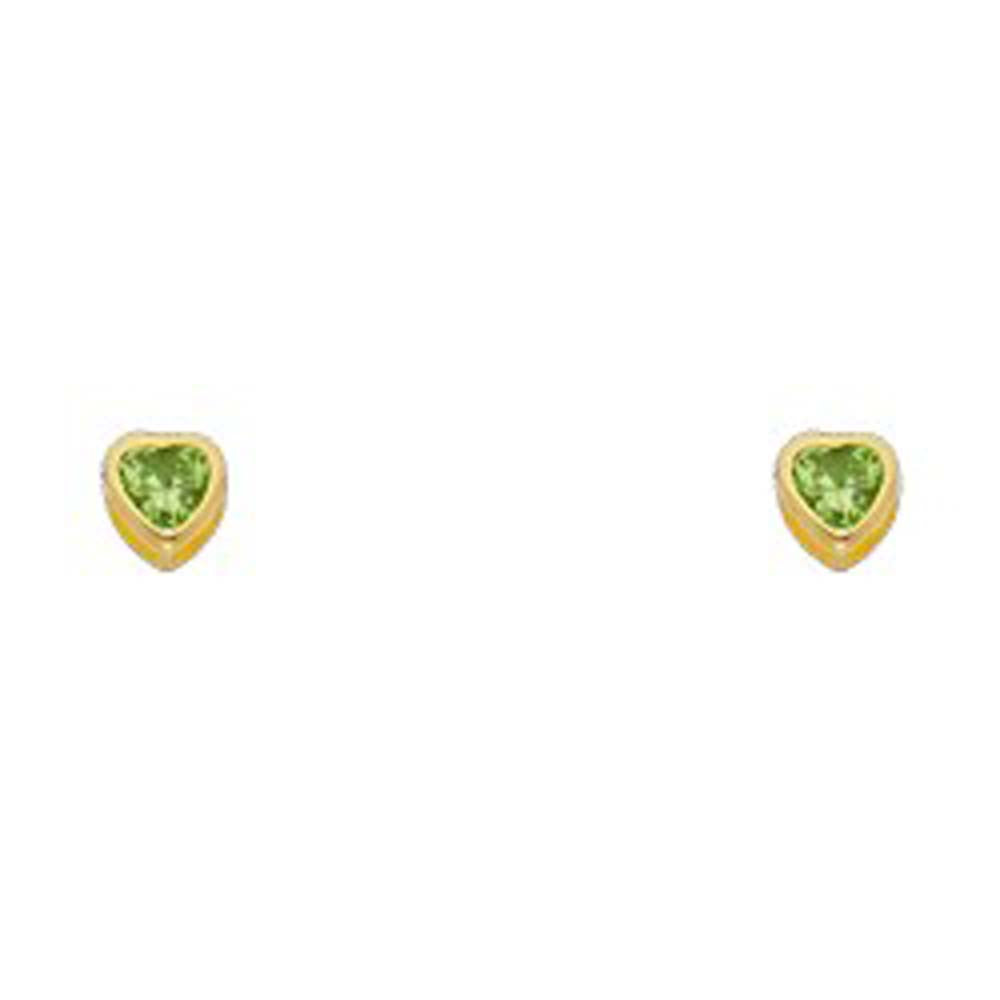 14k Yellow Gold 4mm Heart Peridot CZ August Birth Stone Stud Earrings With Screw Back
