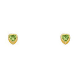 14k Yellow Gold 4mm Heart Peridot CZ August Birth Stone Stud Earrings With Screw Back