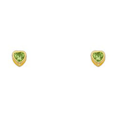 14k Yellow Gold 4mm Heart Peridot CZ August Birth Stone Stud Earrings With Screw Back