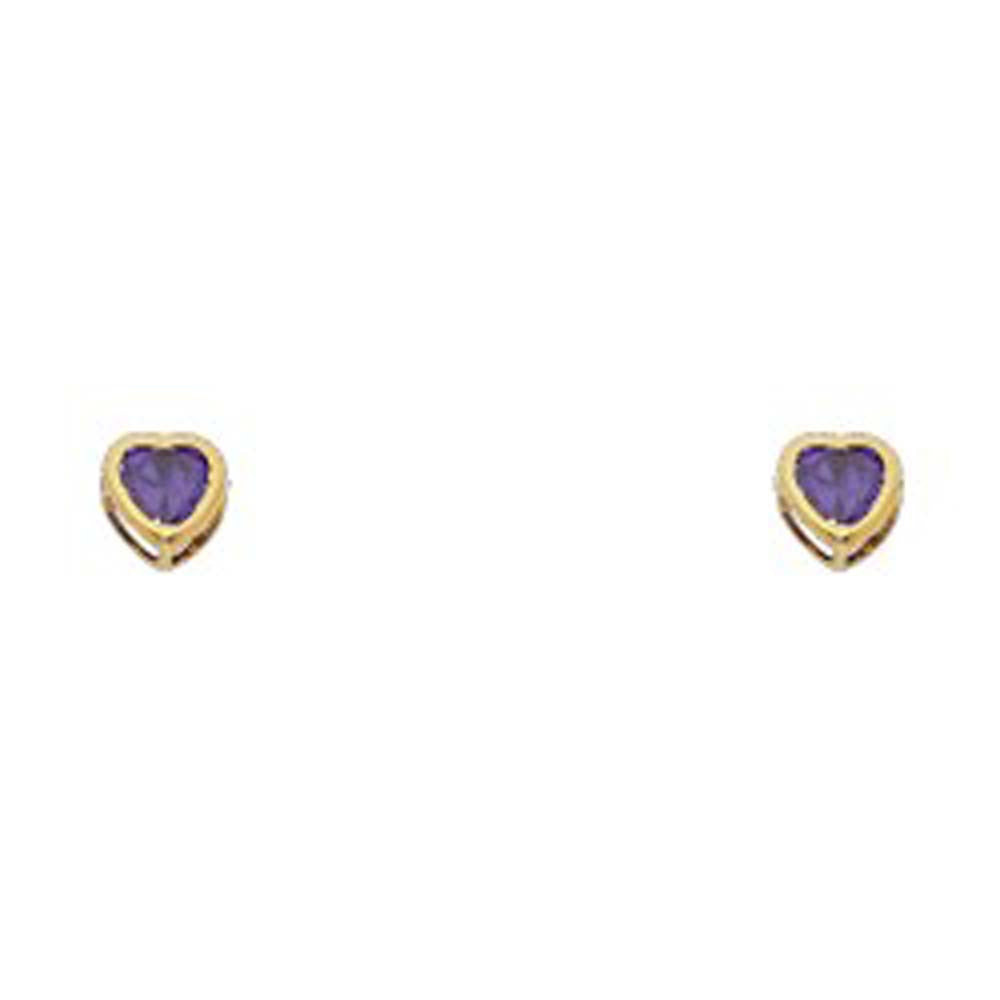 14k Yellow Gold 4mm Heart Amethyst CZ February Birth Stone Stud Earrings With Screw Back