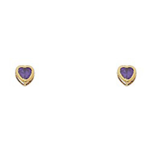 14k Yellow Gold 4mm Heart Amethyst CZ February Birth Stone Stud Earrings With Screw Back