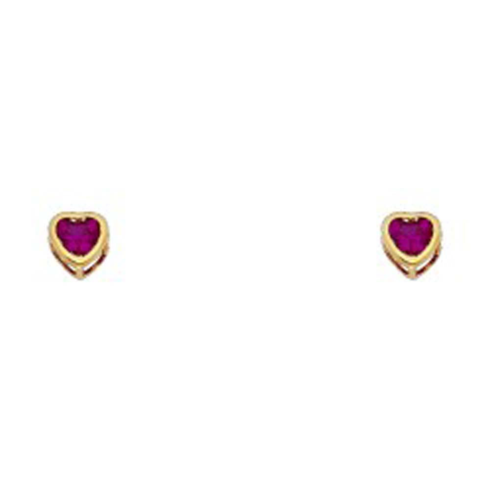 14k Yellow Gold 4mm Heart Ruby CZ July Birth Stone Stud Earrings With Screw Back