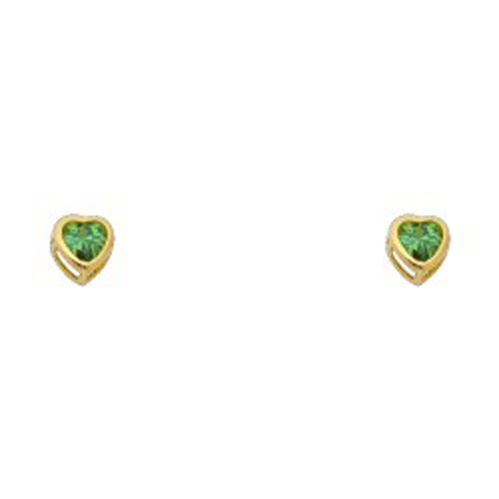 14k Yellow Gold 4mm Heart Emerald CZ May Birth Stone Stud Earrings With Screw Back