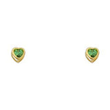 14k Yellow Gold 4mm Heart Emerald CZ May Birth Stone Stud Earrings With Screw Back
