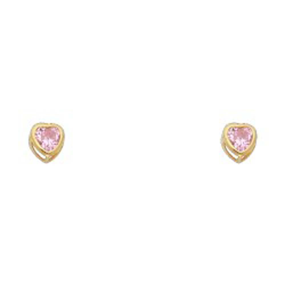 14k Yellow Gold 4mm Heart Pink CZ October Birth Stone Stud Earrings With Screw Back