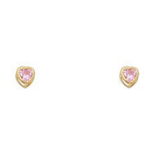 Load image into Gallery viewer, 14k Yellow Gold 4mm Heart Pink CZ October Birth Stone Stud Earrings With Screw Back