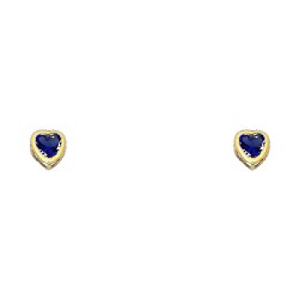 14k Yellow Gold 4mm Heart Blue Sapphire CZ September Birth Stone Stud Earrings With Screw Back