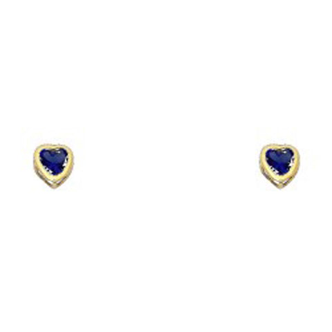 14k Yellow Gold 4mm Heart Blue Sapphire CZ September Birth Stone Stud Earrings With Screw Back