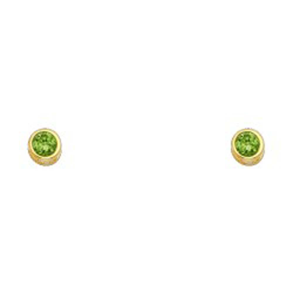 14k Yellow Gold 4mm Round Peridot CZ August Birth Stone Stud Earrings With Screw Back