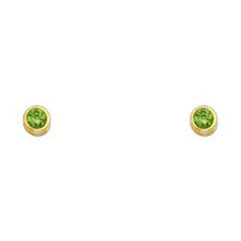 Load image into Gallery viewer, 14k Yellow Gold 4mm Round Peridot CZ August Birth Stone Stud Earrings With Screw Back