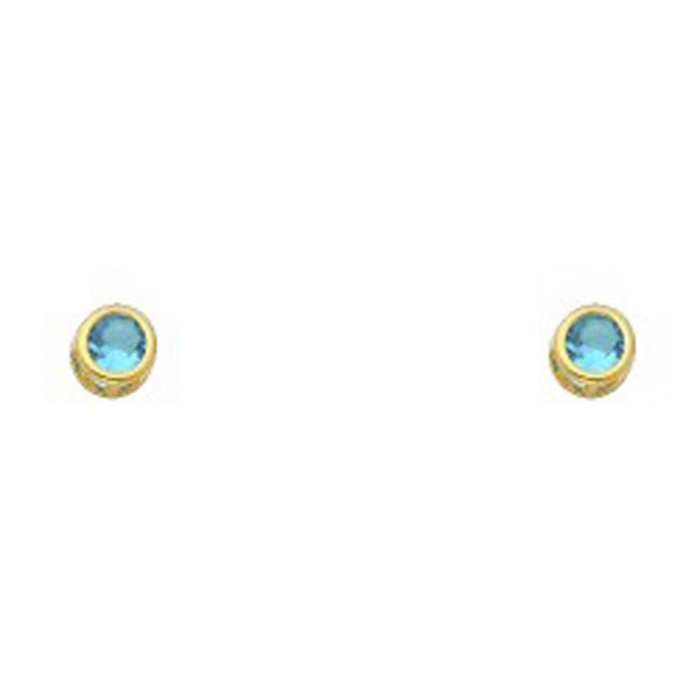 14k Yellow Gold 4mm Round Blue Zircon CZ December Birth Stone Stud Earrings With Screw Back