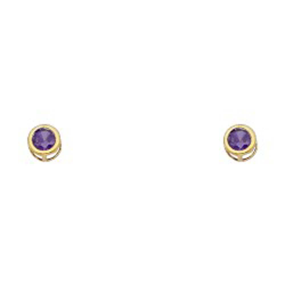 14k Yellow Gold 4mm Round Amethyst CZ February Birth Stone Stud Earrings With Screw Back