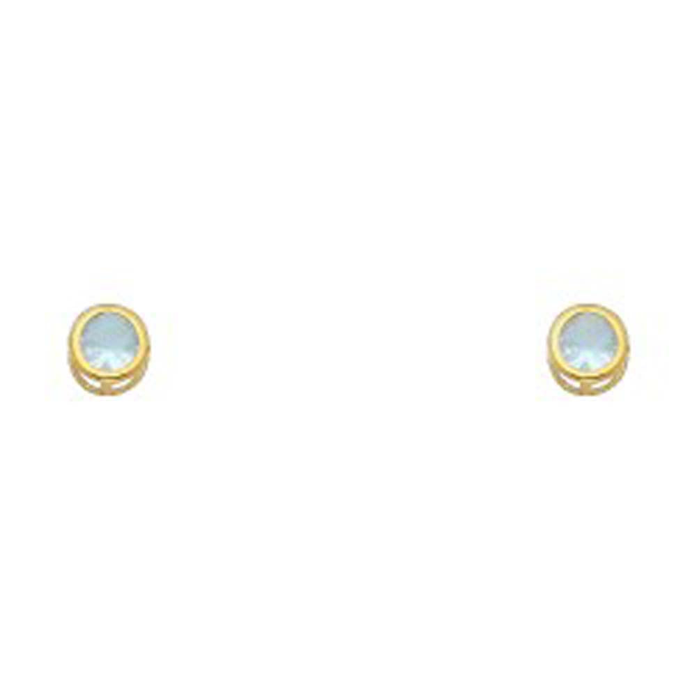 14k Yellow Gold 4mm Round Aquamarine CZ March Birth Stone Stud Earrings With Screw Back