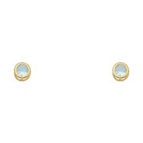 14k Yellow Gold 4mm Round Aquamarine CZ March Birth Stone Stud Earrings With Screw Back