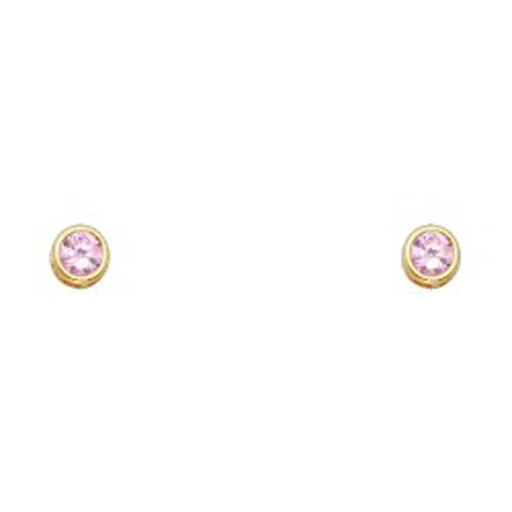 14k Yellow Gold 4mm Round Pink CZ October Birth Stone Stud Earrings With Screw Back