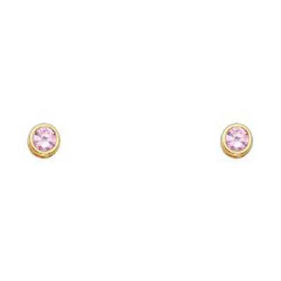 14k Yellow Gold 4mm Round Pink CZ October Birth Stone Stud Earrings With Screw Back