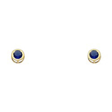 14k Yellow Gold 4mm Round Blue Sapphire CZ September Birth Stone Stud Earrings With Screw Back