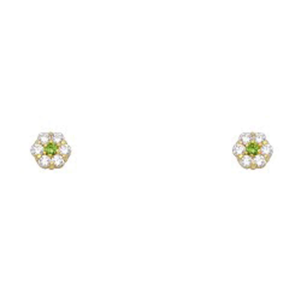 14k Yellow Gold Flower Peridot CZ August Birth Stone Stud Earrings With Screw Back