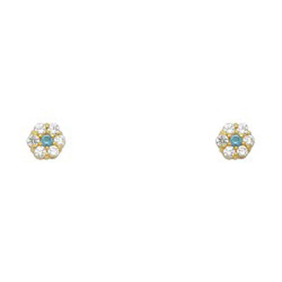14k Yellow Gold Flower Blue Zircon CZ December Birth Stone Stud Earrings With Screw Back