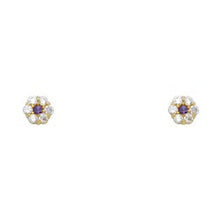 Load image into Gallery viewer, 14k Yellow Gold Flower Amethyst CZ February Birth Stone Stud Earrings With Screw Back