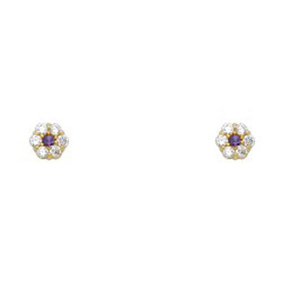 14k Yellow Gold Flower Amethyst CZ February Birth Stone Stud Earrings With Screw Back