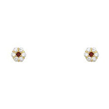 Load image into Gallery viewer, 14k Yellow Gold Flower Garnet CZ January Birth Stone Stud Earrings With Screw Back