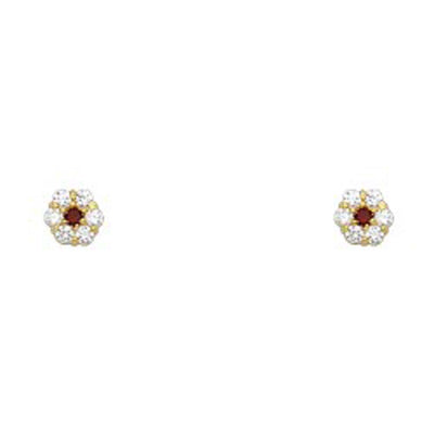 14k Yellow Gold Flower Garnet CZ January Birth Stone Stud Earrings With Screw Back