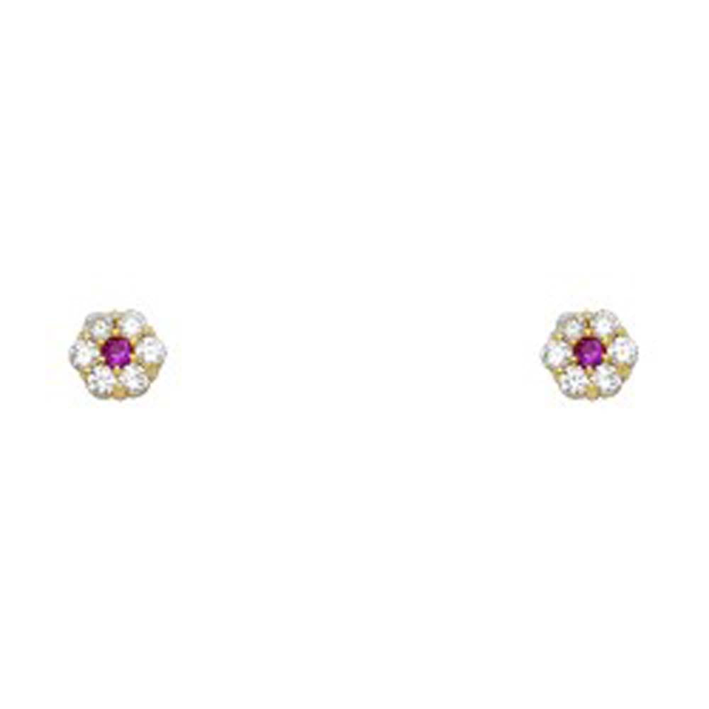 14k Yellow Gold Flower Ruby CZ July Birth Stone Stud Earrings With Screw Back