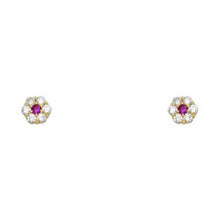 Load image into Gallery viewer, 14k Yellow Gold Flower Ruby CZ July Birth Stone Stud Earrings With Screw Back