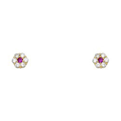 14k Yellow Gold Flower Ruby CZ July Birth Stone Stud Earrings With Screw Back