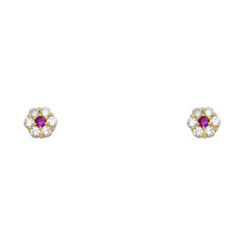 14k Yellow Gold Flower Ruby CZ July Birth Stone Stud Earrings With Screw Back