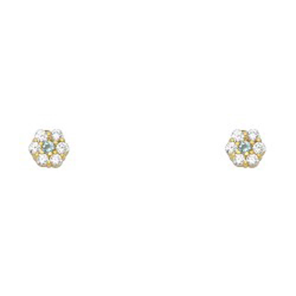 14k Yellow Gold Flower Aquamarine CZ March Birth Stone Stud Earrings With Screw Back